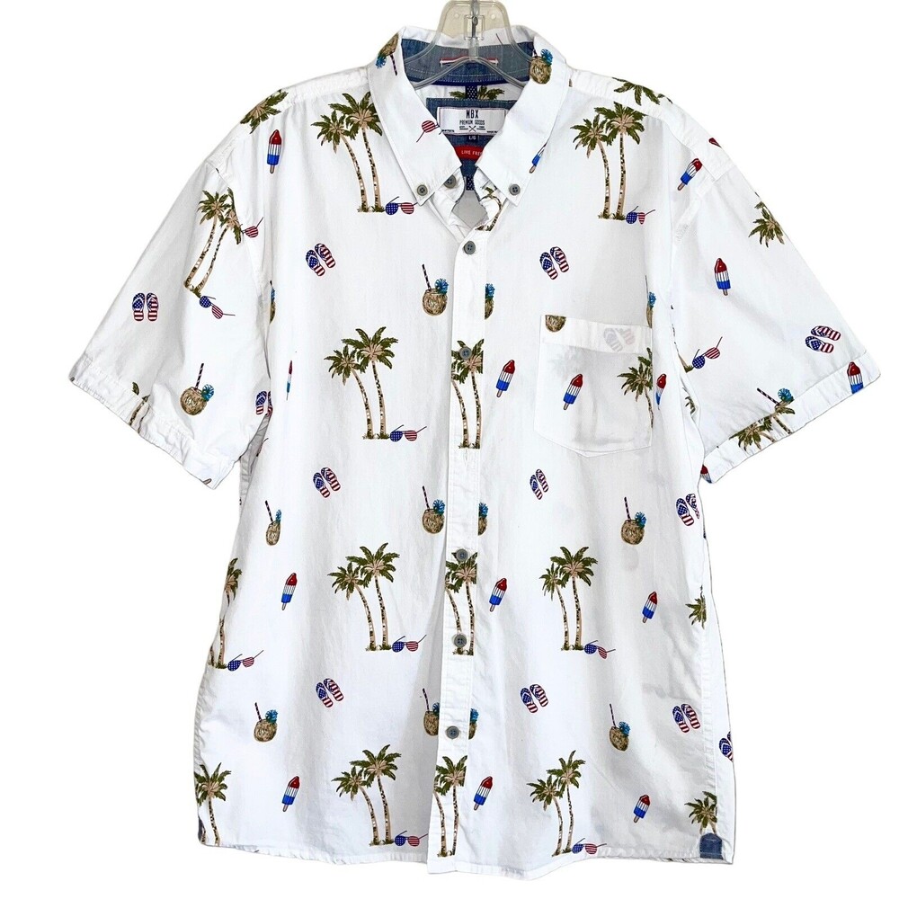 Buttoned Up Mens Shirt Size L Short Sleeves American Beach Print Red Blue
